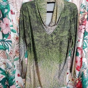 Stretchy slinky button collar long sleeve green neon forest plant pattern print
